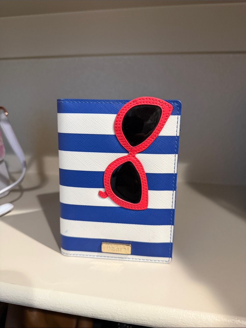 kate spade Blue and White Striped Passport Cover with Pink Sunglasses